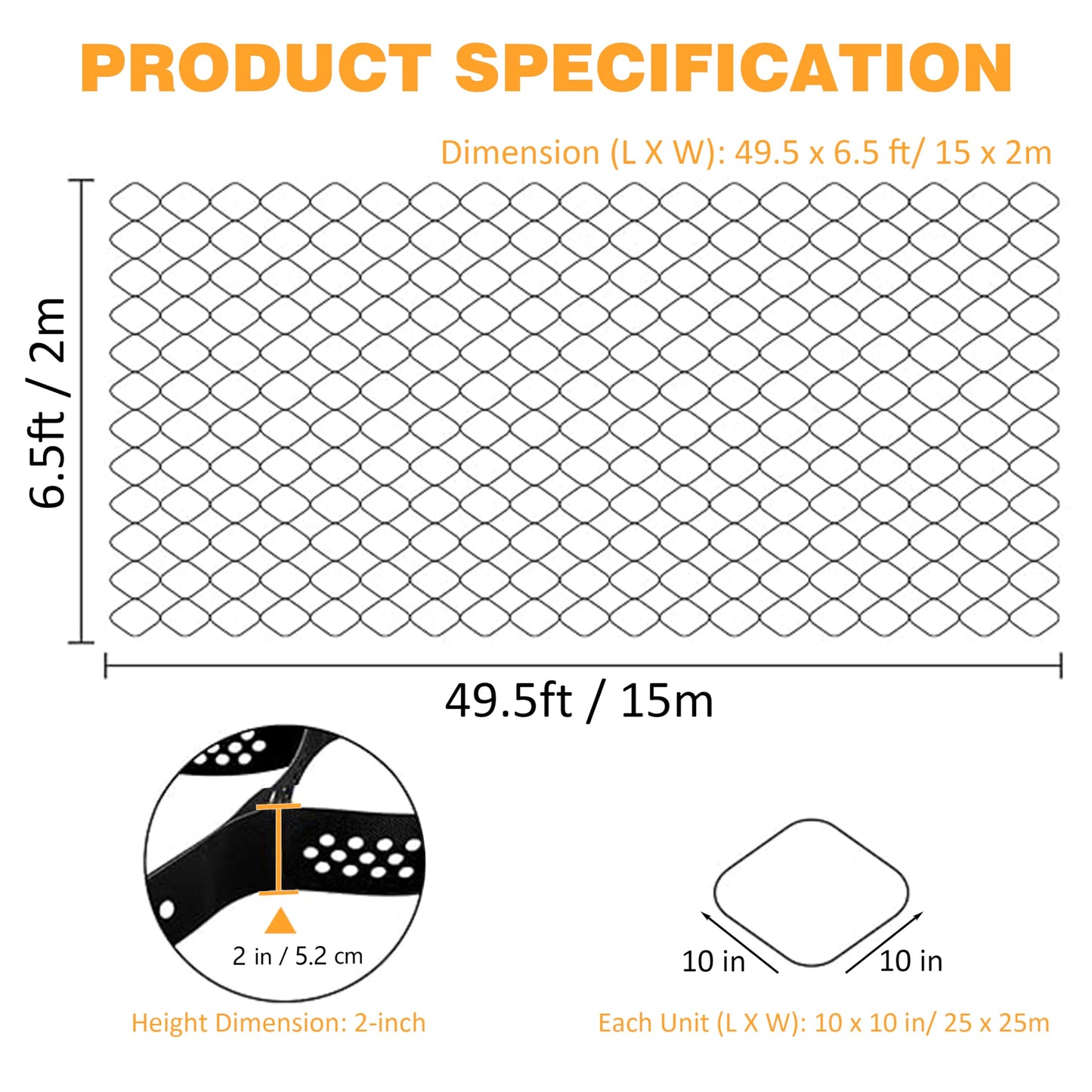 Sunnyglade 2" Thick Ground Grid 49.5 x 6.5 FT, Gravel Retainer 1880 LBS Per Sq ft, Geo Grid Driveway Stabilization for DIY Patio Walkway Driving RV Parking Slopes and Garden (Black, 6.5 x 49.5 FT)