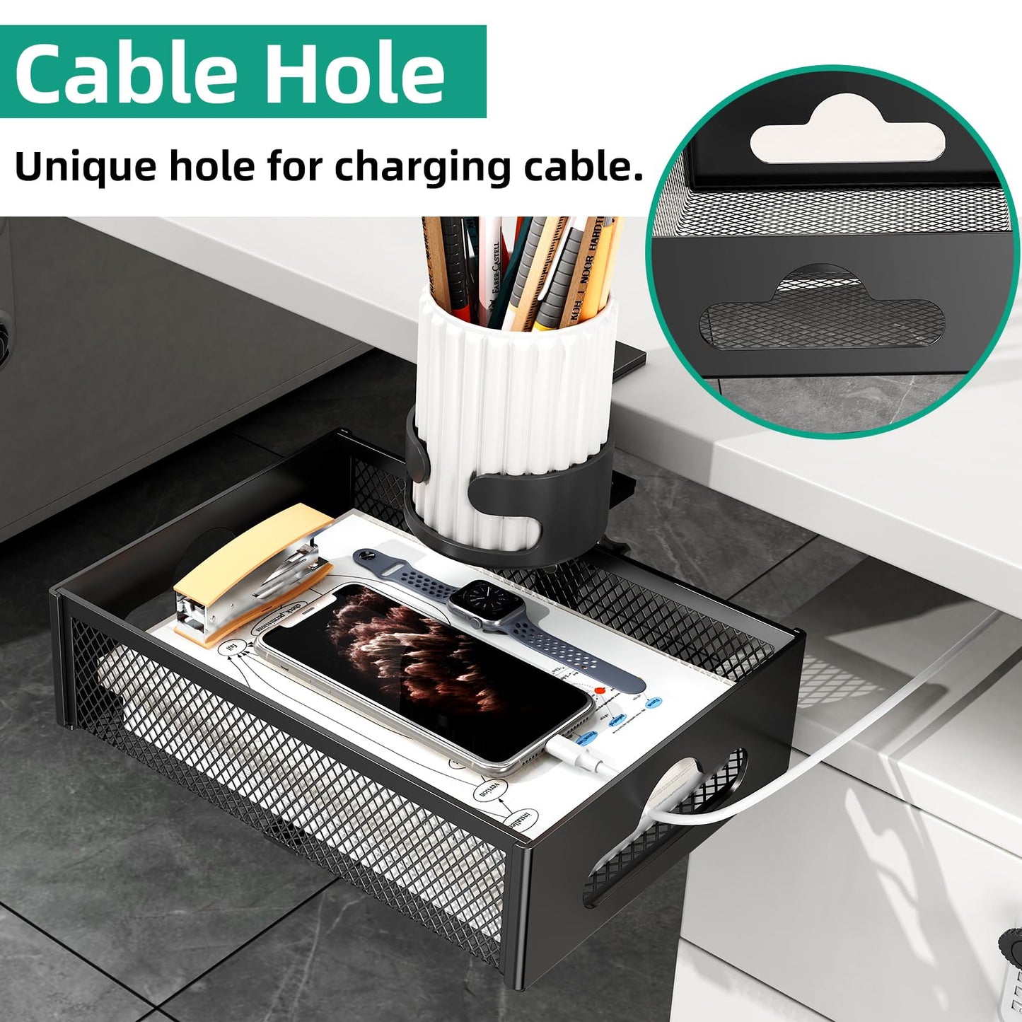 CABTE Desk Cup Holder with Drawer Organizer, Anti-Spill Clip-On Table Cup Hook with 360° Rotation Hidden Storage Box for Office Home Gaming Table (Black)