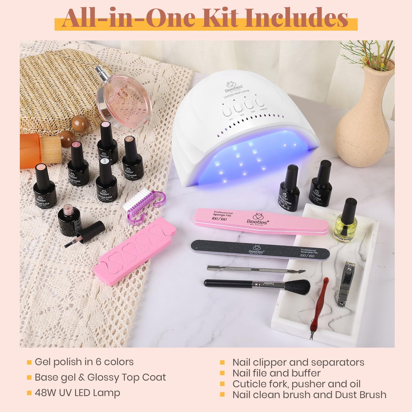 Beetles Gel Nail Polish Kit with U V LED Light - 6 Colors Jelly Milky White Sheer Pink Nude Gel Polish Starter Kit Manicure,Soak Off U V Nail Polish Set Salon DIY