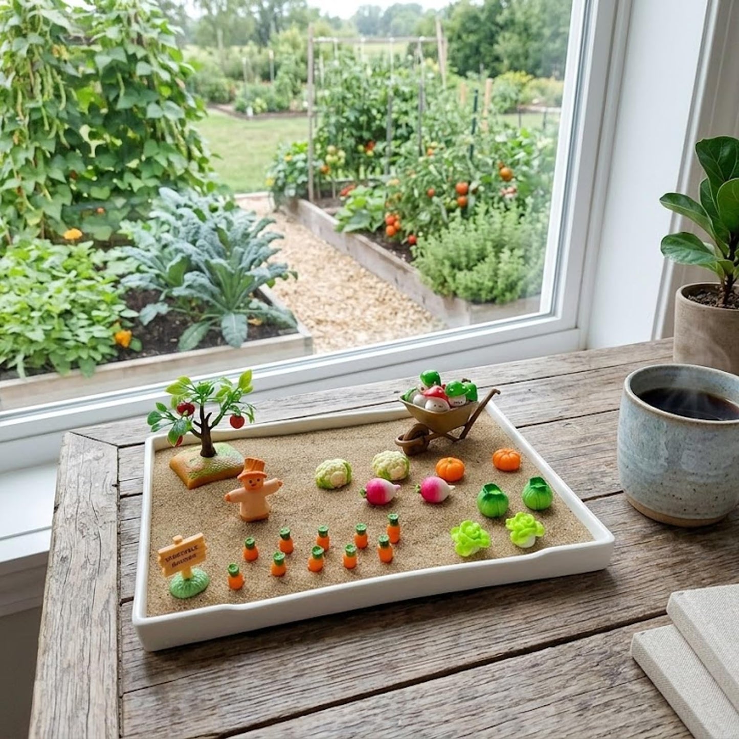 Akisola Zen Garden for Desk, Vegetable Gardening Themed Sand Tray Therapy Kit for Office - Miniature Garden Models, Mushroom Tic-Tac-Toe, Stress Relief & Mindfulness Activity for Office & Home Decor