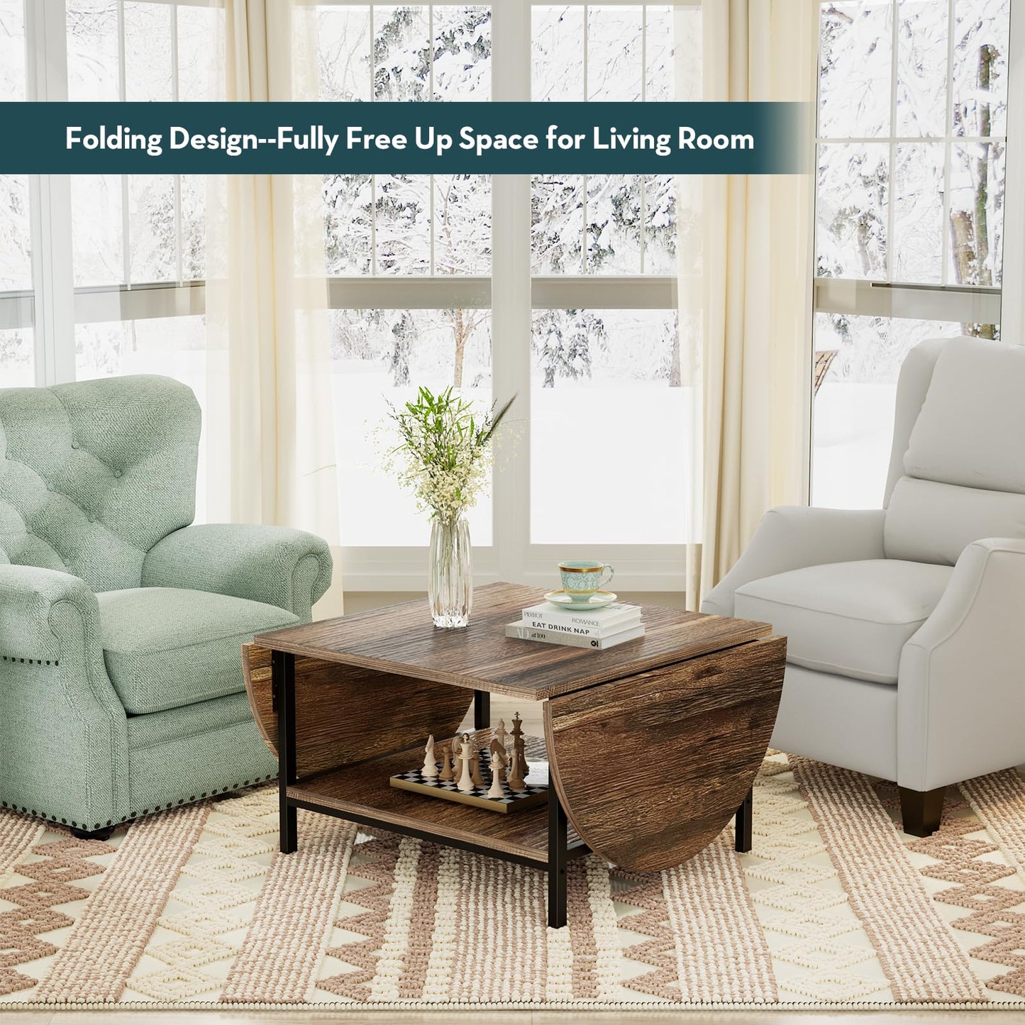 SAYGOER Folding Coffee Table for Living Room, Small Coffee Tables with 2-Tier Storage, Mid Century Modern Center Table for Small Space, Oval Farmhouse Table Square, Dark Brown