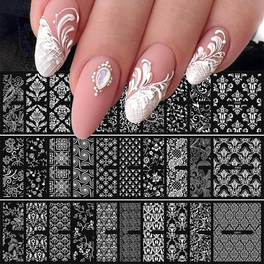 30 Sheets White Nail Art Stickers 3D Self Adhesive Lace Flower Nail Stickers Hallow Floral Nail Decals Spring Summer Nail Supplies for Women Nail Art Decoration Accessories