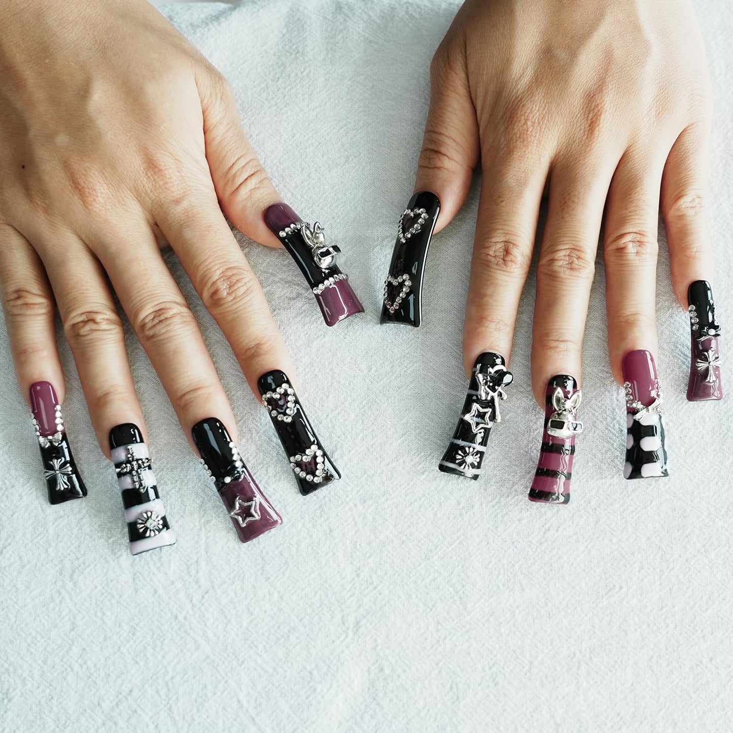 Tesytto Metallic Gothic Press on Nails - Duck Nail Tips False Nails Black Purple Hot Pink with 3D Metal Cross, Star, Heart, Bow & Rabbit Charms, Extra Long Nails for Parties (Dark Romance, M)