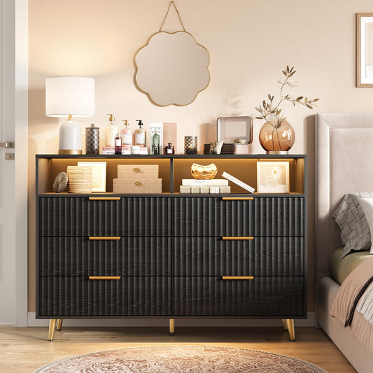 6 Drawers Dresser for Bedroom, 53.9" Wide Dressers with LED Lights and Charging Station, Curved Profile Design, Fluted Wood Drawers with Gold Handle, Modern Chest of Dressers for Living Room, Black