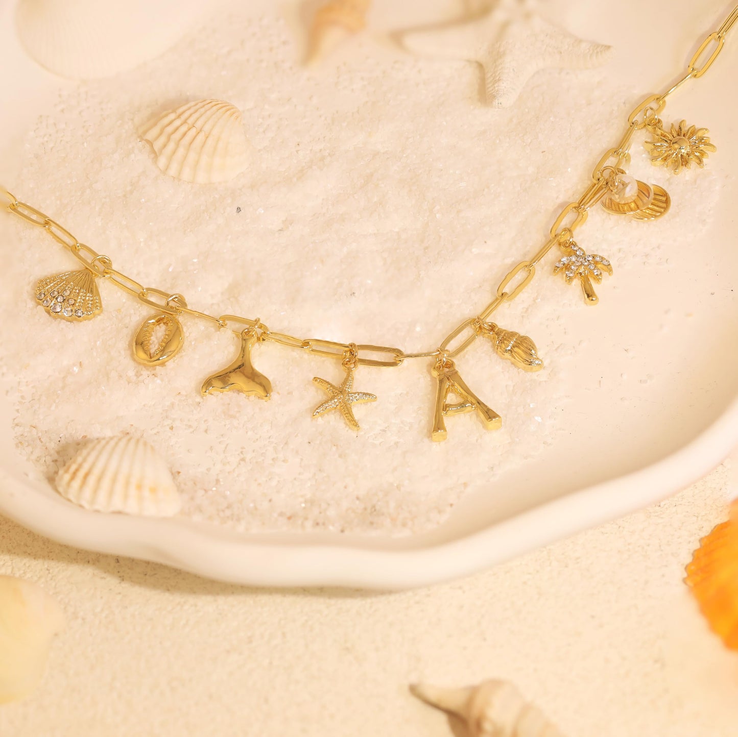 JALZEMPL Initial Charm Necklaces For Women Shell Letter Paperclip Chain Seashell Starfish Beach Summer Pendant Boho Surfer 14K Gold Plated Jewelry Gift (O)