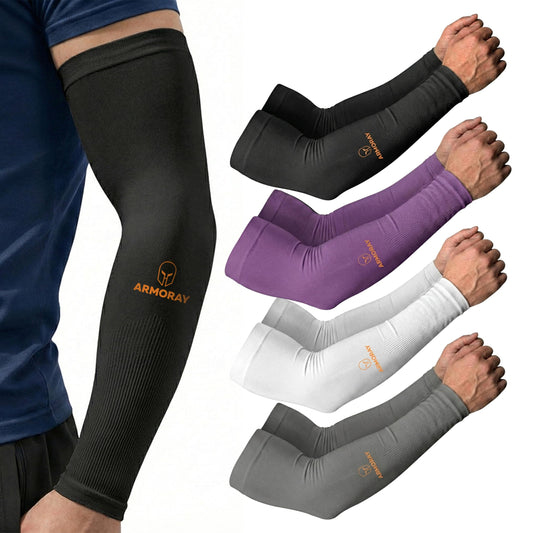 ARMORAY Arm Sleeves for Men & Women - 4 Pair UV Sun Protection Cooling Compression - Tattoo Cover Up Sleeve for Daily Wear & Work (4 Colors)