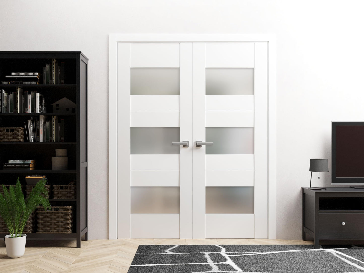 VDOMDOORS Sete 6003 | Double Swing Interior French Doors with Glass with Frosted Glass, MDF, Hardware Included, 56x80, White, Modern