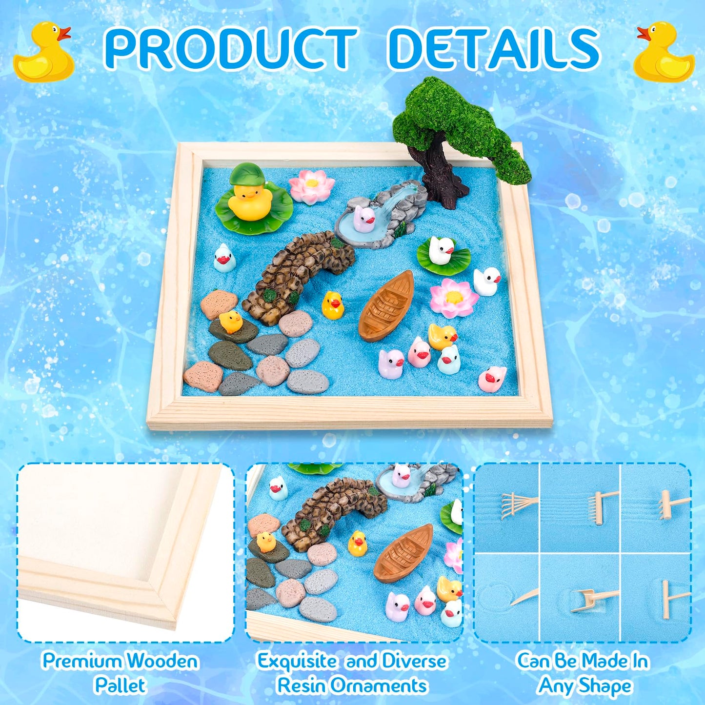 Angirlish 43PCS Zen Garden Kit for Desk, Mini Sandbox Set Gifts Included Wooden Tray Sand Tools Mini Resin Ducks and Accessories, Sand Tray Therapy for Meditation Room Office Home(Duck)