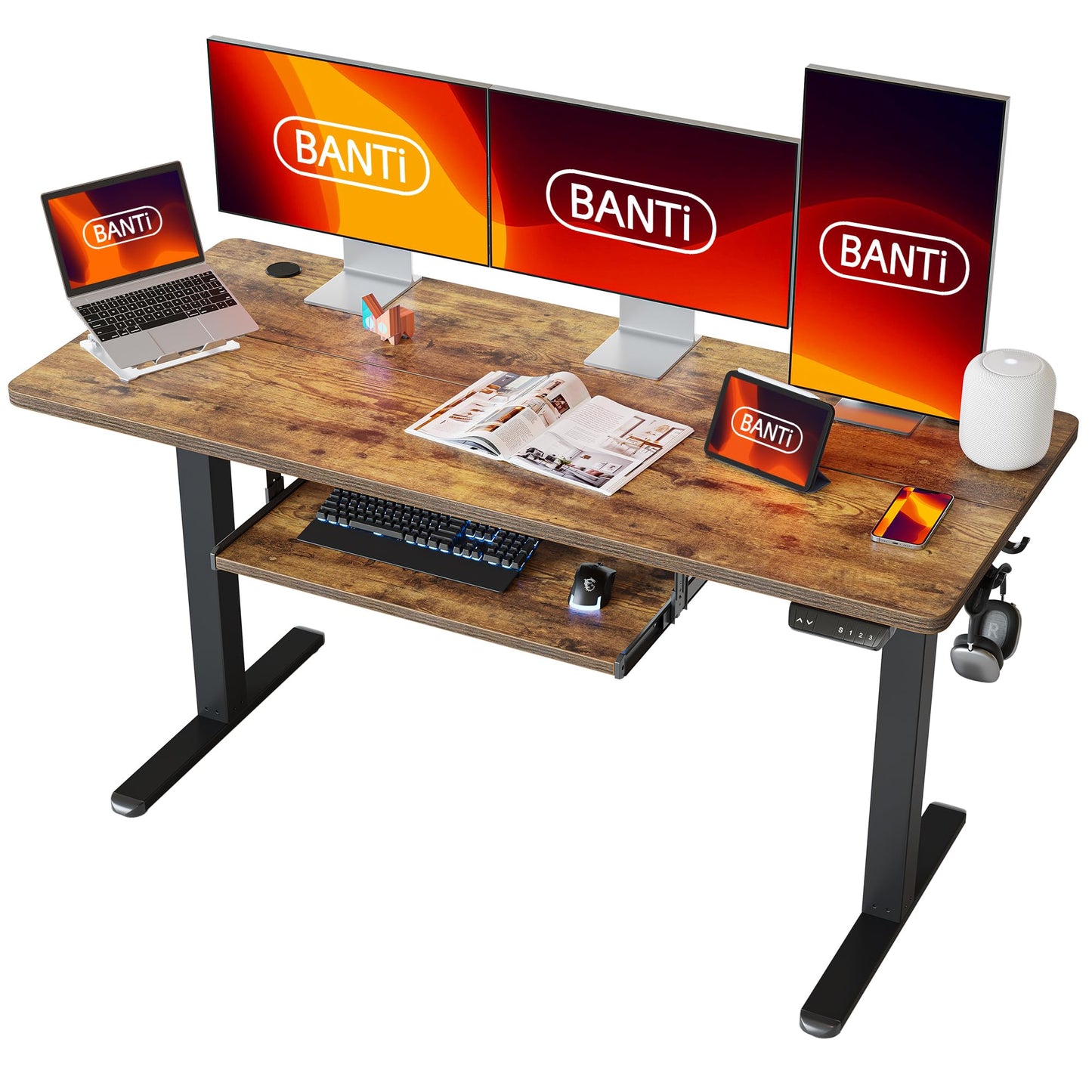 BANTI 63''x24''Standing Desk Adjustable Height with Keyboard Tray, Raising Desk, Sit Stand Up Desk for Home Office and Computer Workstation, Rustic Brown