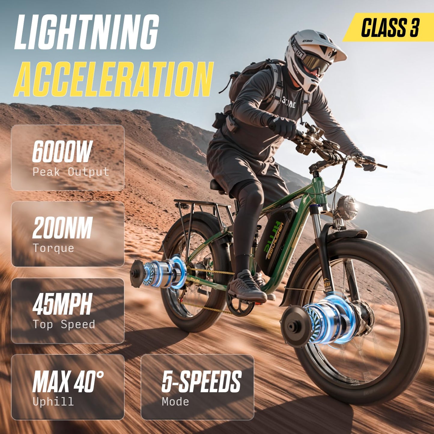 PUJH 6000W Dual Motors Electric Bike for Adults,60V 20Ah 26" Fat Tire Ebike,45 mph up to 100 Miles Full Suspension Class 3 Electric Bicycle for Snow Off Road Mountain Hunting Commuter