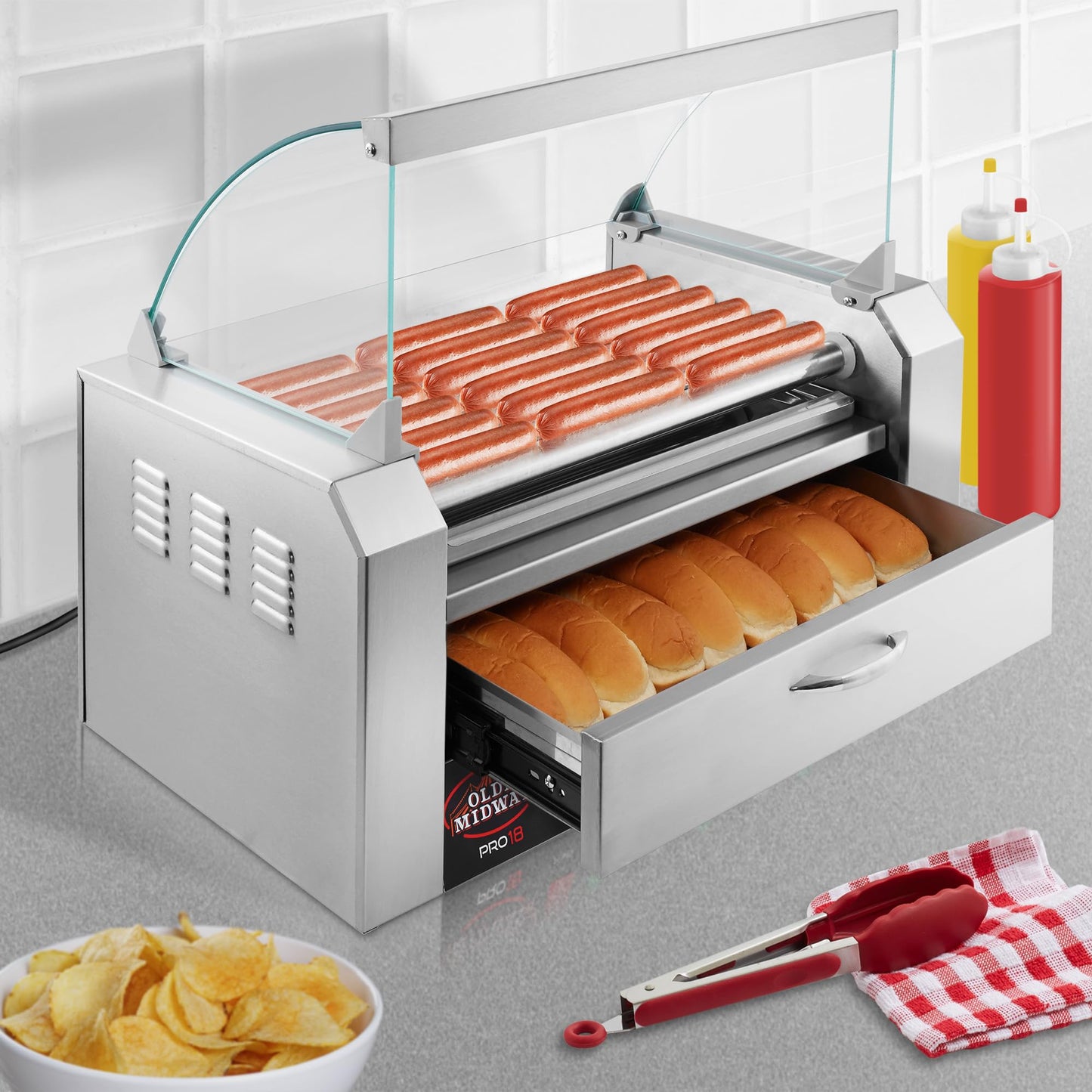 Olde Midway Electric 18 Hot Dog 7 Roller Grill Cooker Machine with Bun Warming Drawer and Cover - Commercial Grade, Stainless Steel