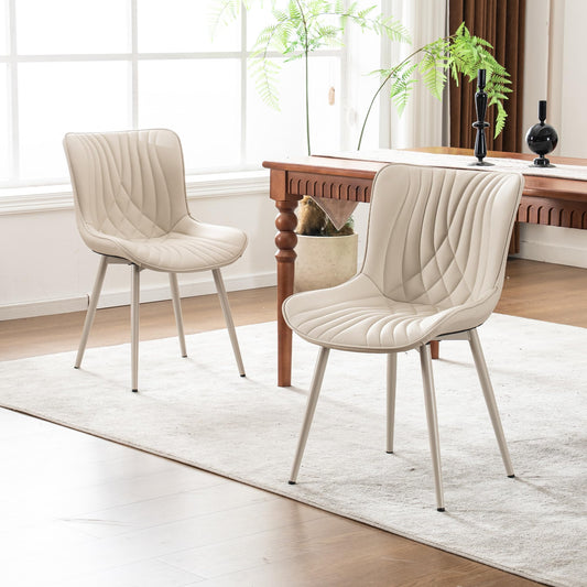 YOUTASTE Cream Dining Chairs Set of 2, Mid Century Modern Comfy Kitchen Chair, Upholstered Faux Leather, Cream Metal Legs, Armless Accent Chairs for Bedroom Vanity Lounge