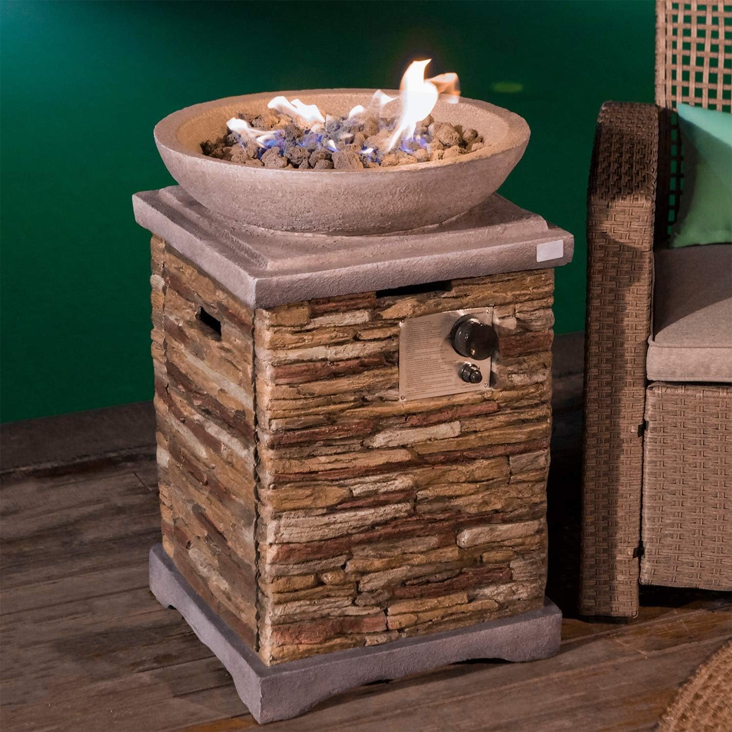 COSIEST Outdoor Propane Fire Pit Table w Faux Brown Compact Ledge Stone 20" Square Base and Faux Rose-Marble Round Bowl, Certified, 40,000 BTU, Free Lava Rocks, Fits 20lb Tank Inside, Raincover