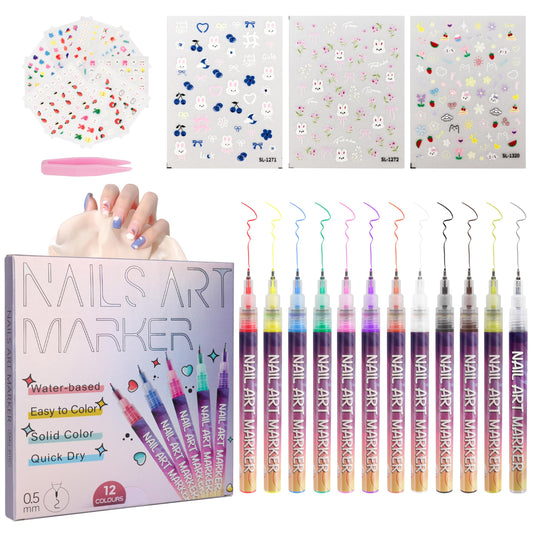 Pintada 12 Color Nail Art Pens Set - 0.5mm Fine Tip Nail Art Markers with Stickers, Leak-Proof Nail Pens for DIY Nail Art, Greeting Cards & Crafts