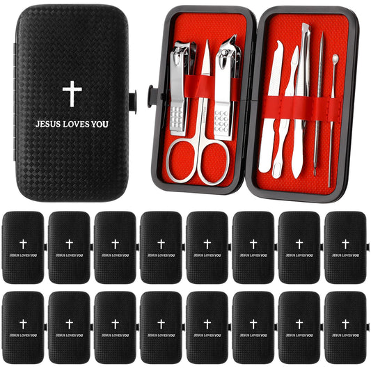 Yinkin 16 Pack Father's Day Christian Bulk Gifts Nail Clipper Set Jesus Loves You Manicure Set 8 in 1 Nail Pedicure Kit for Men Dad Husband Grooming Gifts Kits with Leather Case