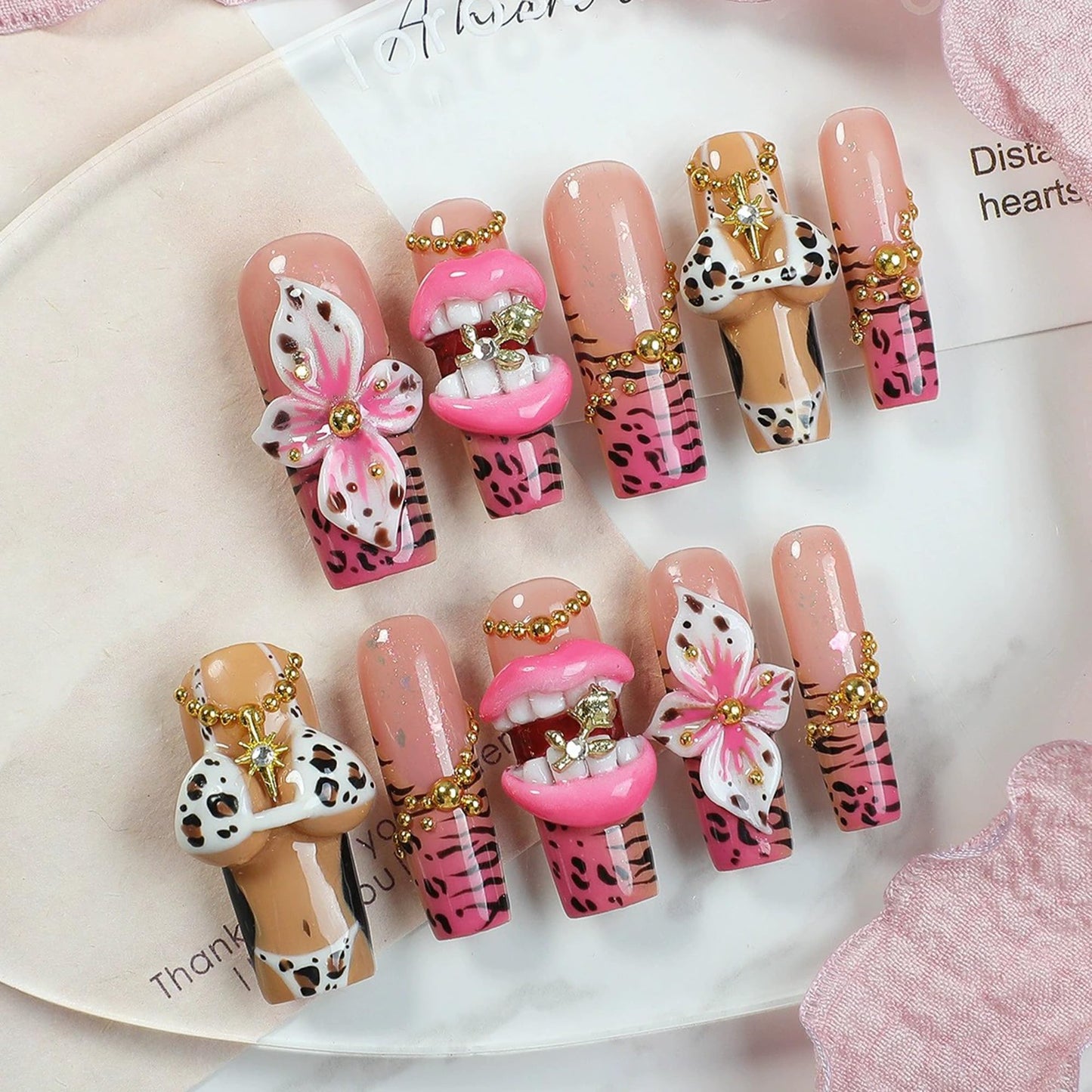 Handmade Press on Nails Long Square Fake Nails Leopard Print French Tip False Nails with Charms Pink 3D Lips Designs Acrylic Press Ons Luxury Reusable Glue on Nail for Women DIY 10Pcs (Size M)