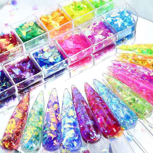 Vezocim Iridescent Glitter Nail Art Sequins, Holographic Transparent Irregular Ultra Thin Nail Art Glitter Flakes Designs, Mermaid Nail Glitter Acrylic Supplies Decorations for Women Manicure Art