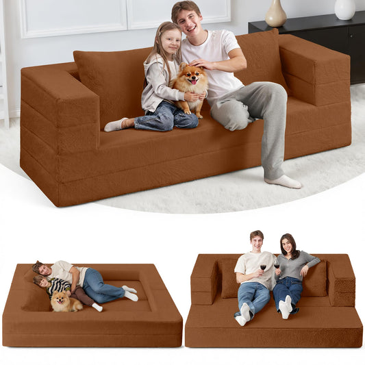 Cansunna Folding Bean Bag Chair for Adults,3-in-1 Bean Bag Couch Faux Fur Floor Sofa Large Beanbag Convertible Bean Bag Sofa Bed with Pillow in Bedroom,Living Room,Apartment(Queen,Caramel)