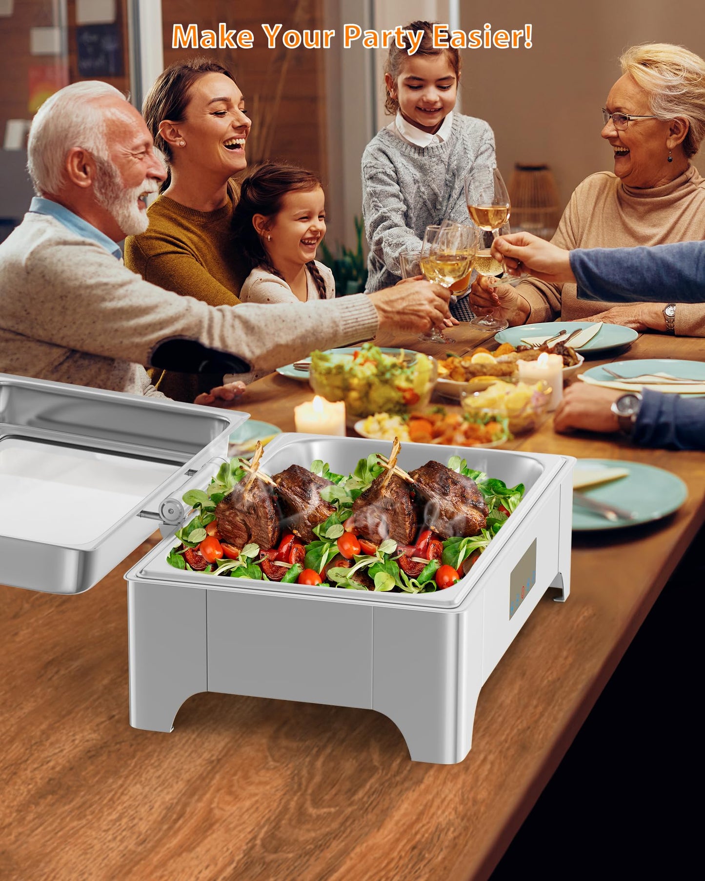 Electric Chafing Dish, 9 QT Full Size Touch Screen Chafing Dishes for Buffet Roll Top Set Food Servers and Warmer with Glass Lid for Catering, Parties, Weddings, Silver