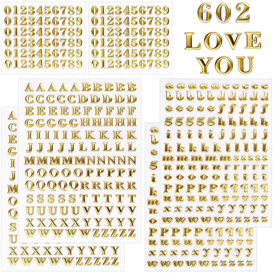 Hzopcw 640pcs Tiny Metal Letter Stickers Numbers, Gold Self-Adhesive Number Alphabet Stickers, 3D Number Decals Glitter Letter Sticker for Scrapbooking DIY Crafts Decoration