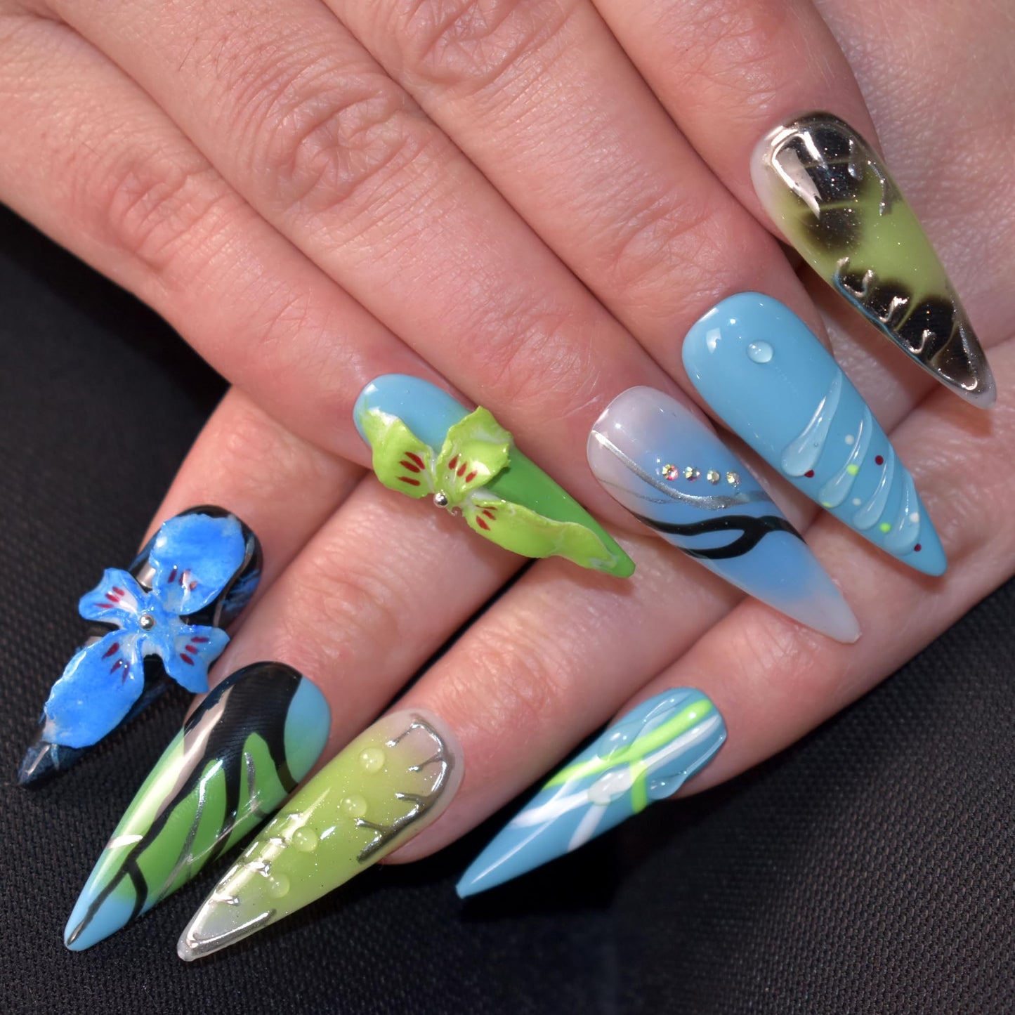LIFOOST Handmade Press On Nails Long, Blue Press On Nails Stiletto, Carving Flowers 3D Nails with Rhinestones