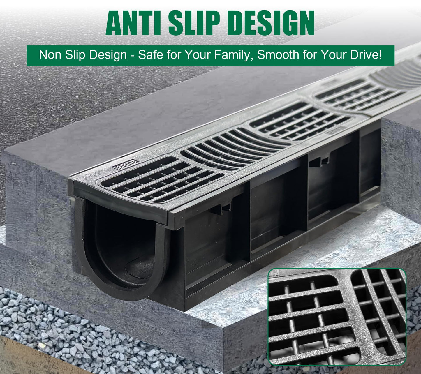 Natotela Driveway Channel Drain with HDPE Grate-39.4x6.1x5.5in Deep Profile Trench Drain System for Garage,Heavy Duty Trench Drain for Parking Lot,Concrete,Patio,Sidewalk