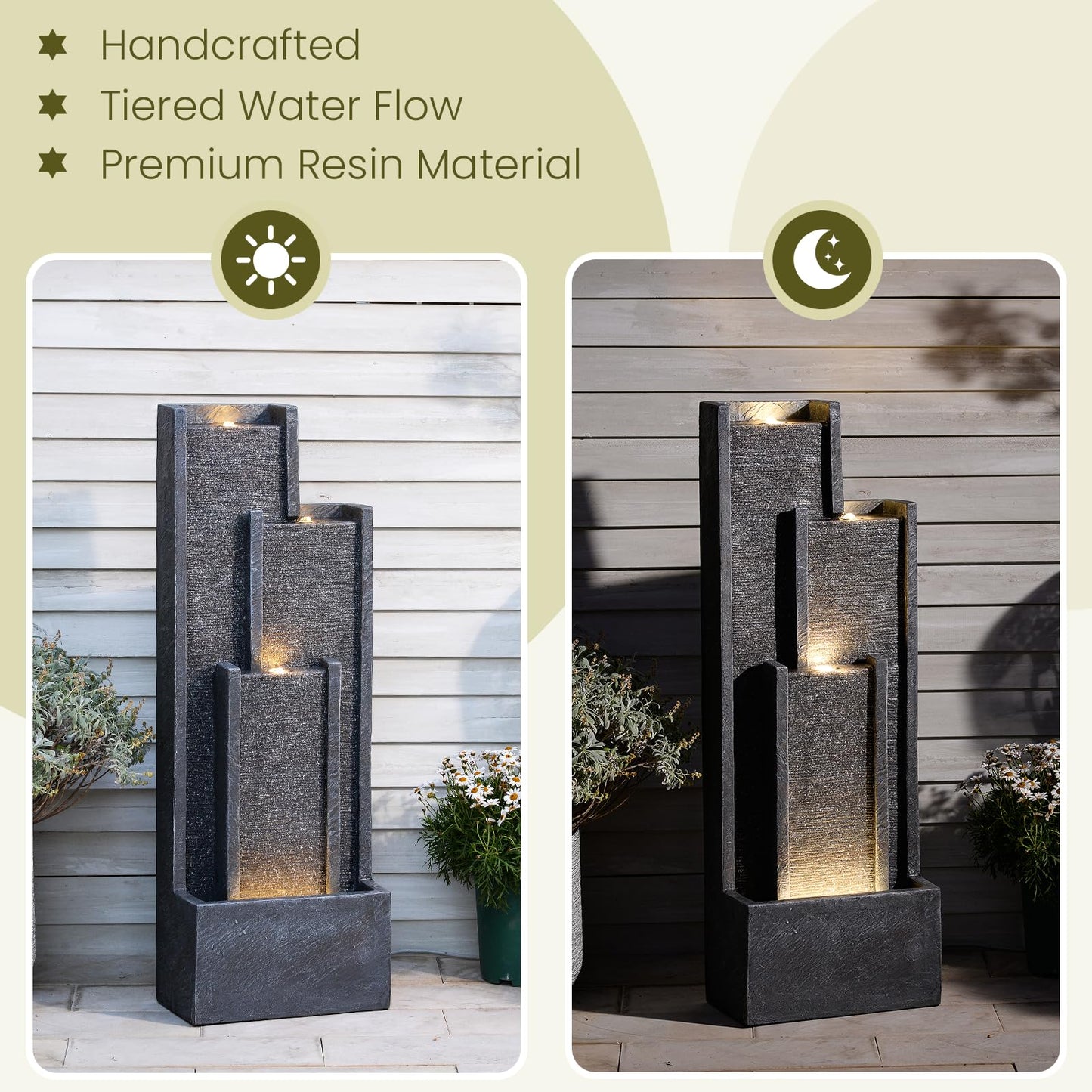 Takamota Modern Outdoor Water Fountain with Lights&Pump, Cascading Waterfall Feature Outdoor, Resin Standing Garden Fountain for Landscaping, Patio, Balconie, Yard Decor, Indoor Water Feature, Grey
