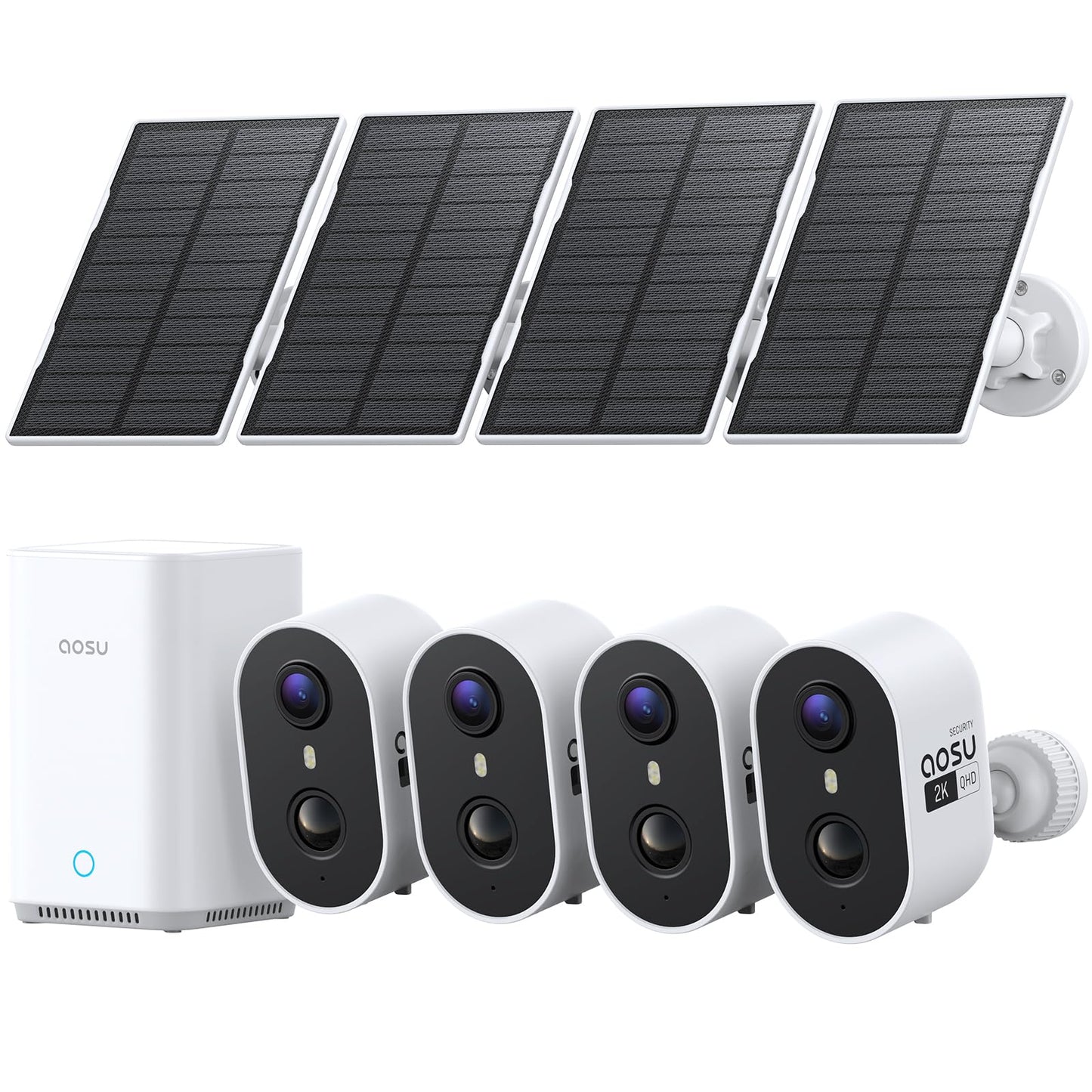 aosu Solar Security Cameras Wireless Outdoor Home System, True 2K HD, Cross-Camera Tracking, PIR + AI Human Detection, Color Night Vision, Local Storage, No Subscription Required, 4-Cam-Kit