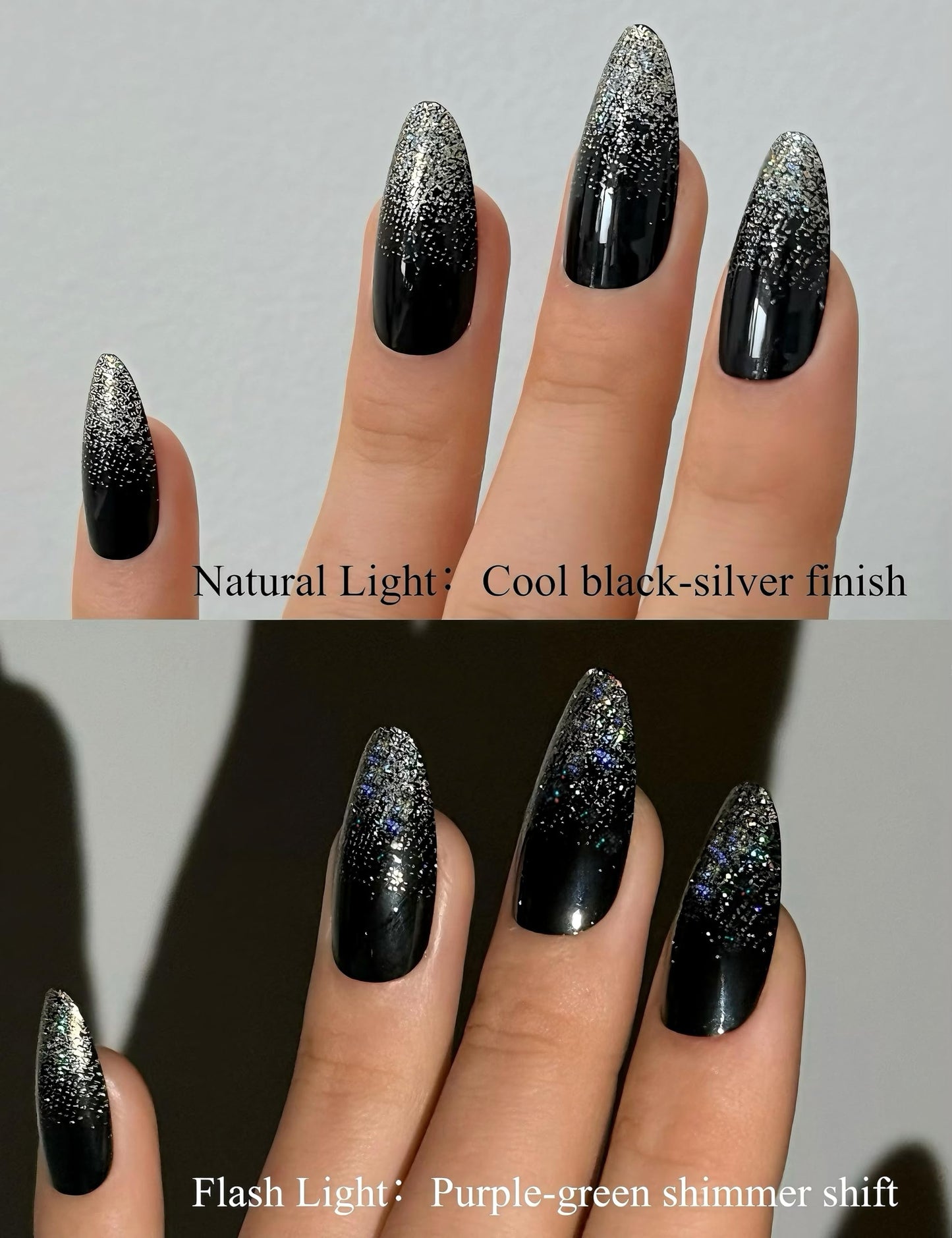 Black Glitter Press on Nails Medium Almond, Y2K Syle, Good for Music Festival, Parties, Daily Wear, Cool-Toned Shimmer Soft Gel Fake Nails, Salon Quality 24pcs Reusable Kit by Nailinism
