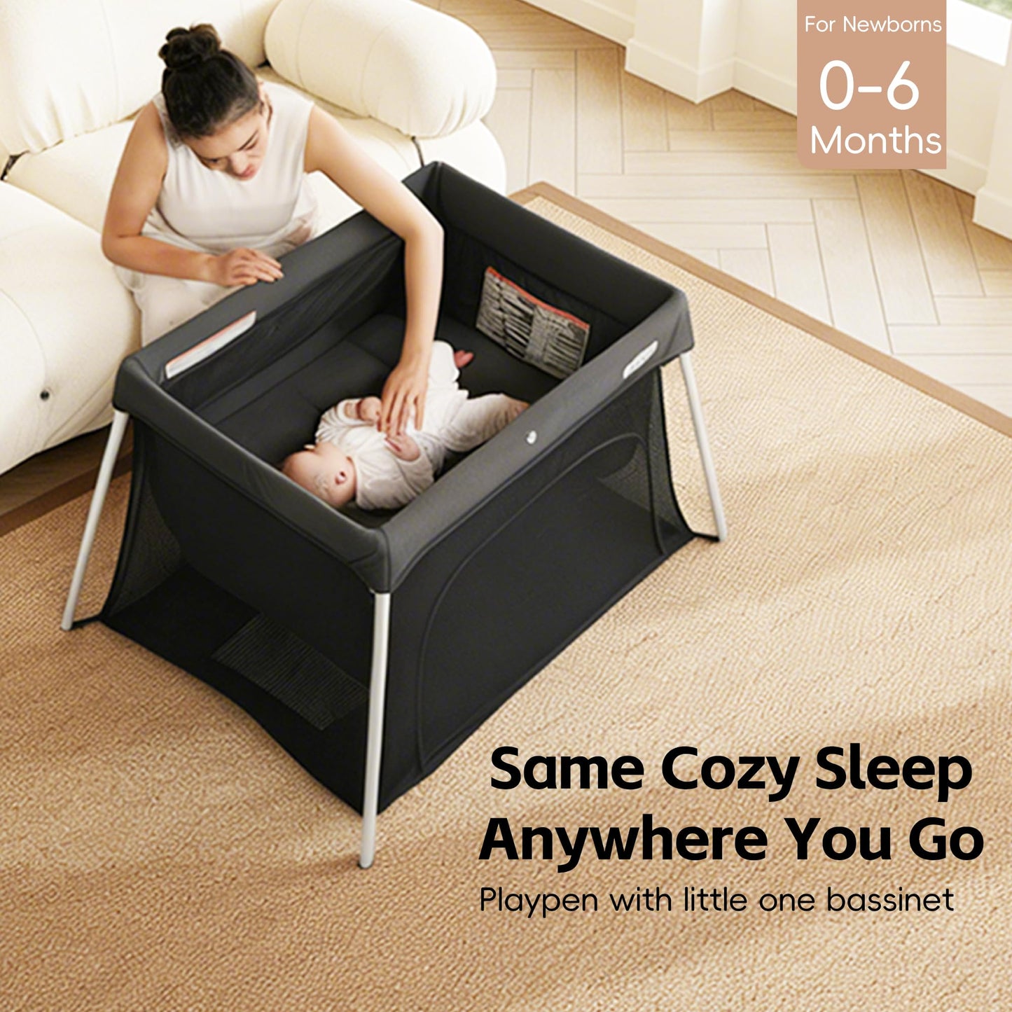 Pamo Babe Travel Crib with Bassinet, Certified Baby Safe Portable Crib, Extra Large Portable Playpen with Mattress & Zipper Door, Lightweight Foldable Pack and Play Baby Travel Bed - Grey