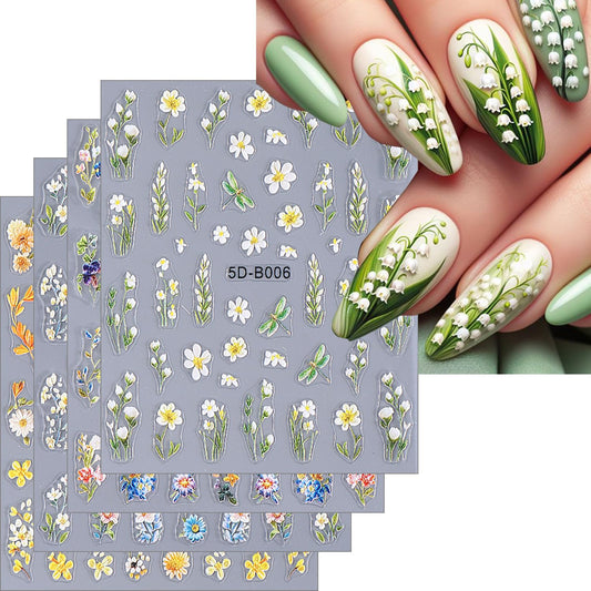4 Sheets Colorful Flowers Nail Art Stickers 5D Embossed Self-Adhesive Nail Decals Spring Summer Floral Nails Supplies for Women DIY Manicure Decoration Accessories