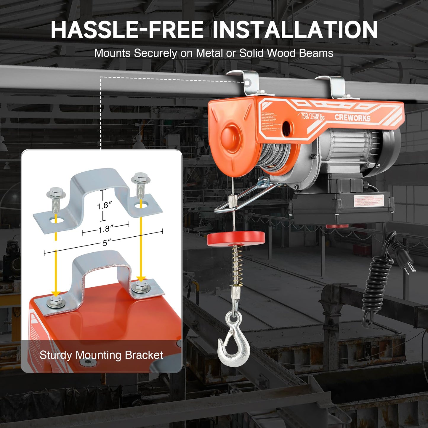 CREWORKS Electric Hoist, 1500lbs Electric Hoist with 328ft Wireless Remote Control 39ft Single Cable Lifting Height, 1150W Single Double Slings Hoist Lift Ceiling Winch for Factory Warehouse Garage
