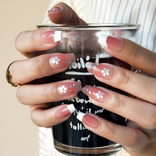 Veil Press On Nails 10pcs, Pink Cherry Blossom Gradient UV Gel/Acrylic False Nails, Elegant Floral French Tip Spring Blossom Nail Art for Women, Cute Pastel Flower Soft Glam Nail Set (Pink, XS)