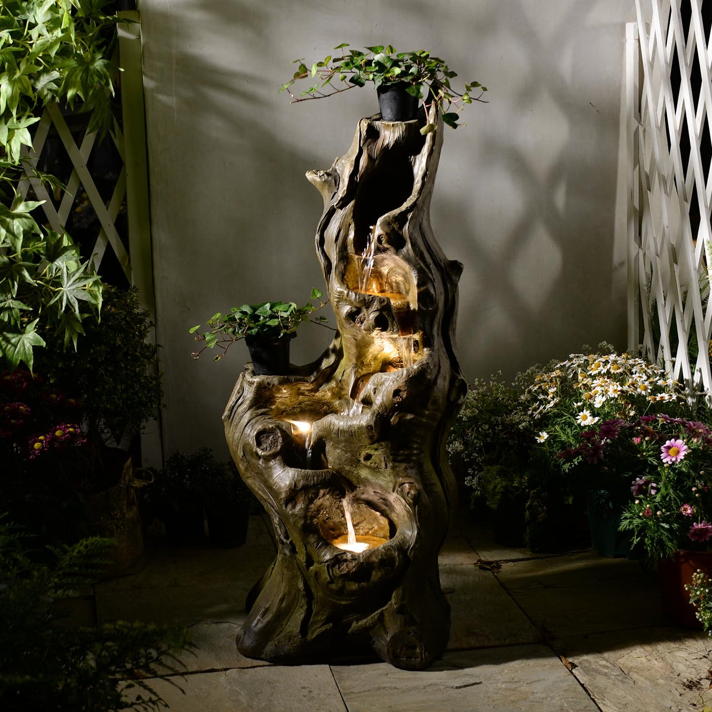 Sunlinua Water Fountain Outdoor 5-Tiers Large Cascading Realistic Tree Trunk Natural Waterfall Outdoor Fountain Resin Imitation Wood with LED Lights for Garden, Patio, Porch