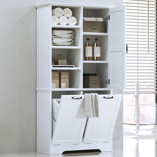 Merax Cabinet with Tilt-Out Laundry Hamper Basket, Tall Bathroom Storage Organizer Linen with Open Shelf for Home, Freestanding, White