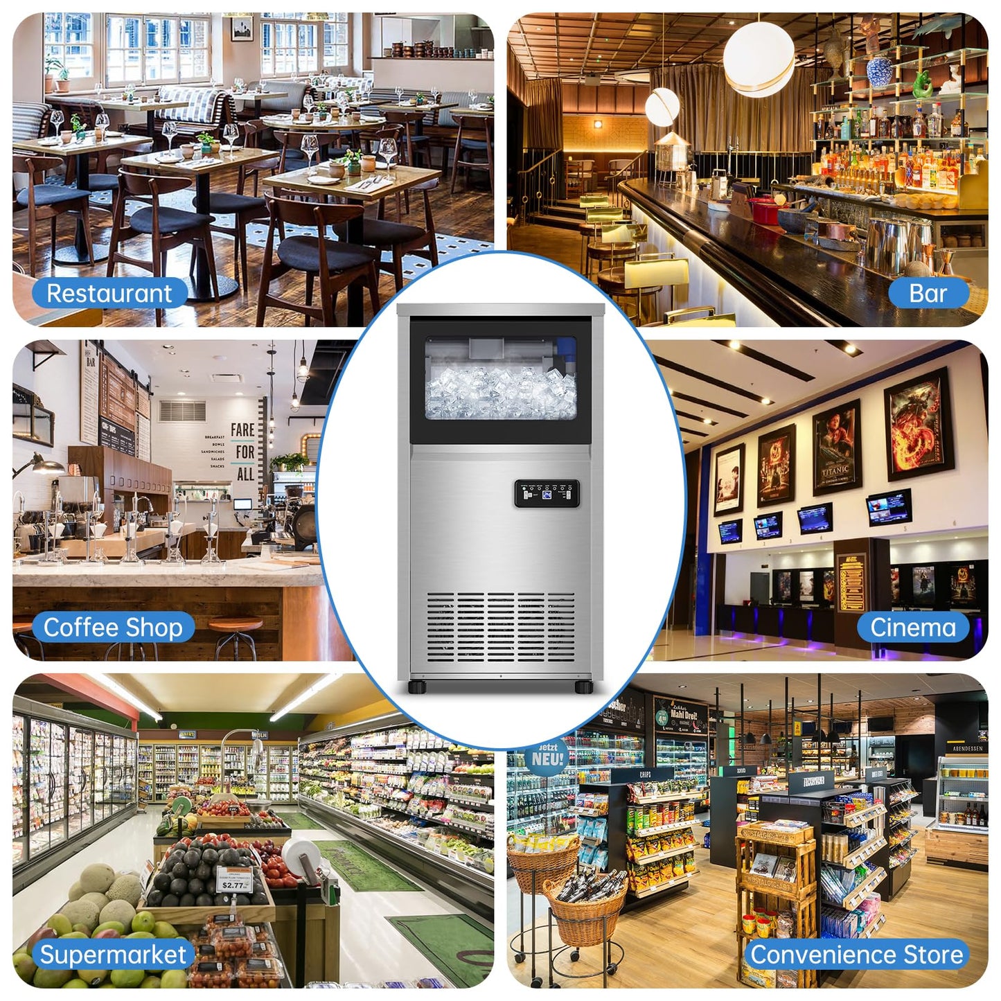 Ice Machine Commercial Ice Maker Machine, 150 Lbs /24H, 30 lbs Bin, Under Counter Built-in or Freestanding, Stainless Steel Household Use, Restaurant Bar Kitchen Cafe