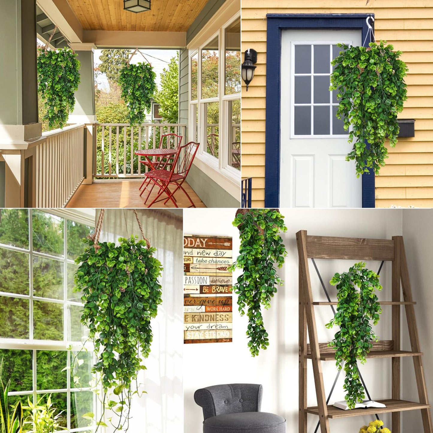 RECUTMS 4 Pack Artificial Hanging Plants Faux Eucalyptus Leaf Greenery Fake Plant for Wall House Room Patio Indoor Outdoor Home Shelf Office Decor (Green)