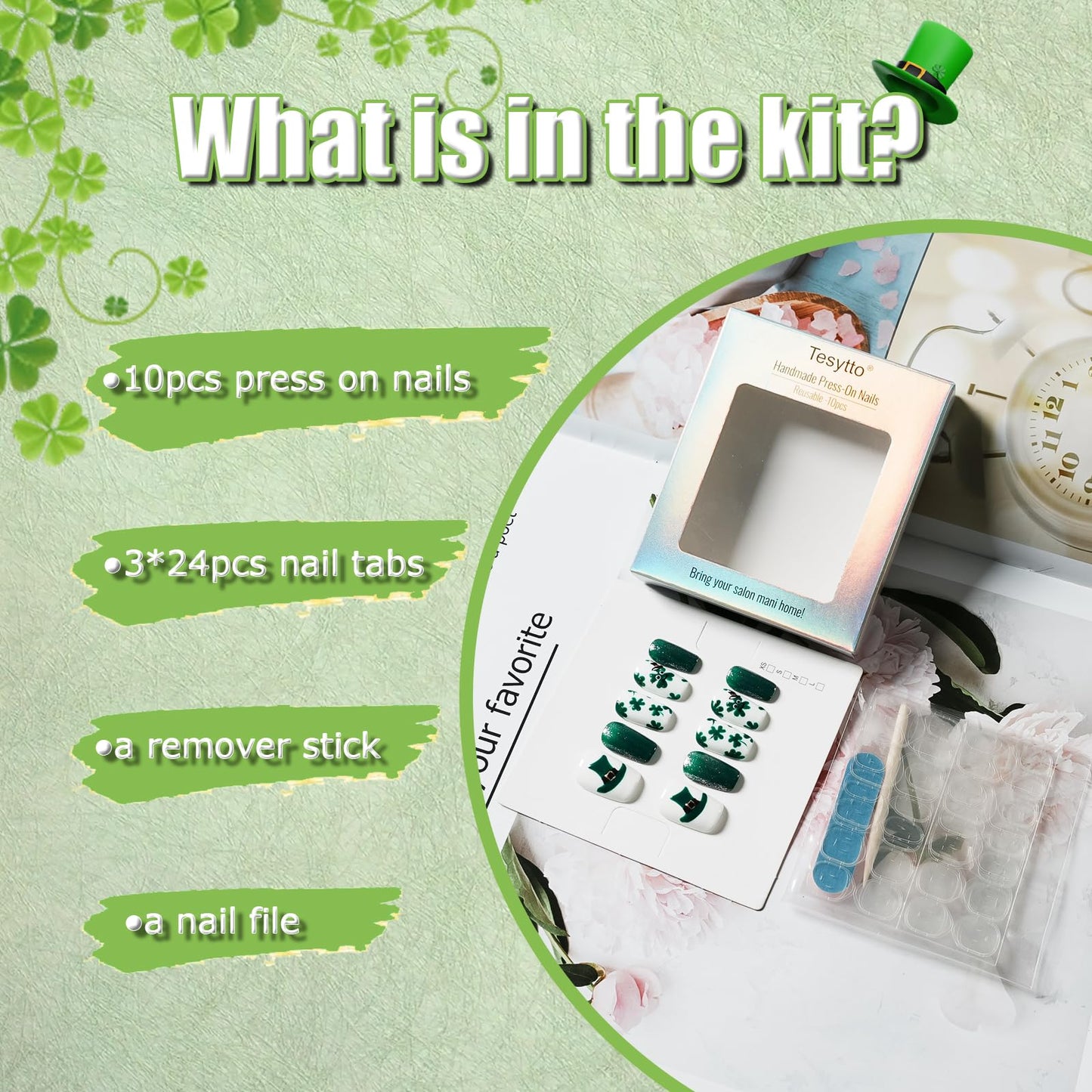Tesytto Medium Coffin Press On Nails, Green Glitter & White Fake Nails with 3D Green Hat & Clover Print, Handmade Acrylic Nails Glossy Full Cover False Nails (Size S)