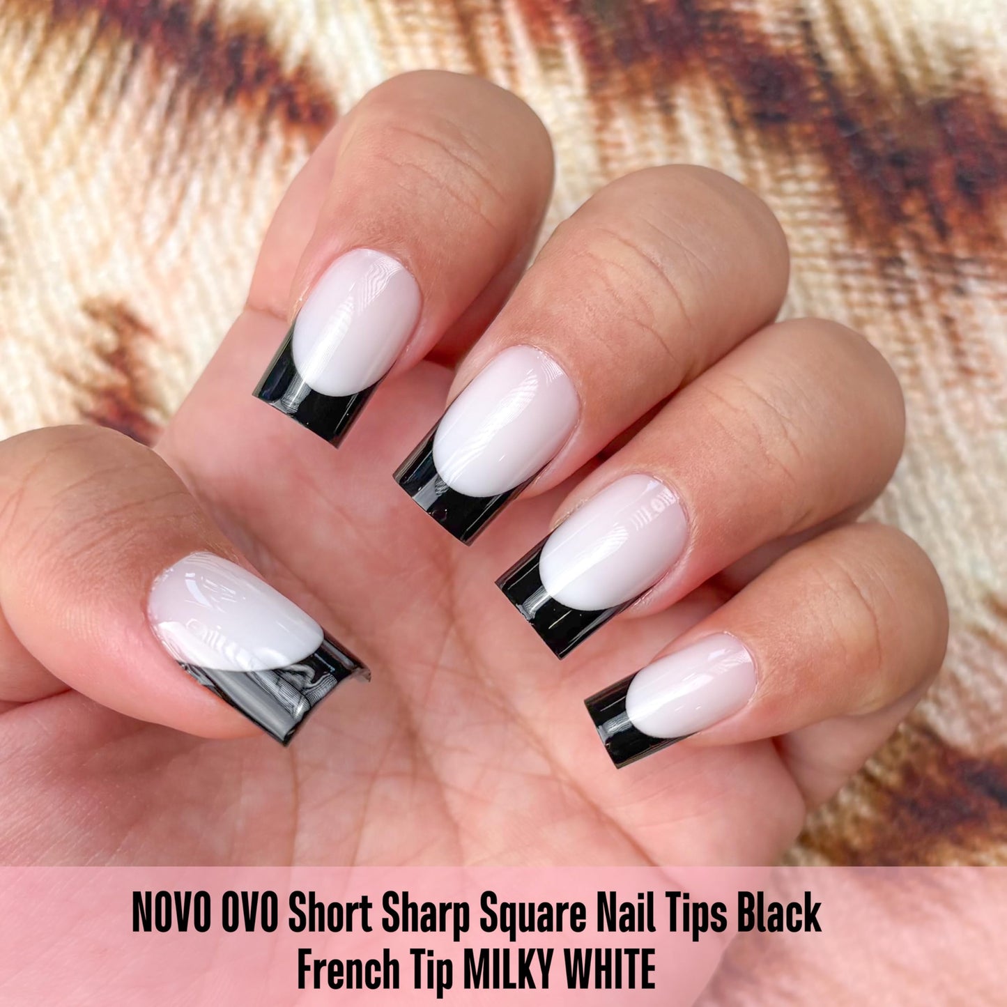 NOVO OVO Short Sharp Square Black French Tip Nail Tips Press on MILKY WHITE, Need Builder Gel Top Coat Nail Glue, Soft Gel Fake Nail Extension, Full Cover False Nails for Salon DIY x 15 Sizes 240 pcs
