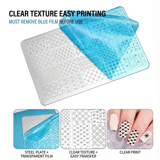 SAGEBIO Large Nail Stamping Kit – Oversized Pattern Steel Plate with Clear Silicone Jelly Stamper, Extra-Large Designs for Full-Nail Art, 02