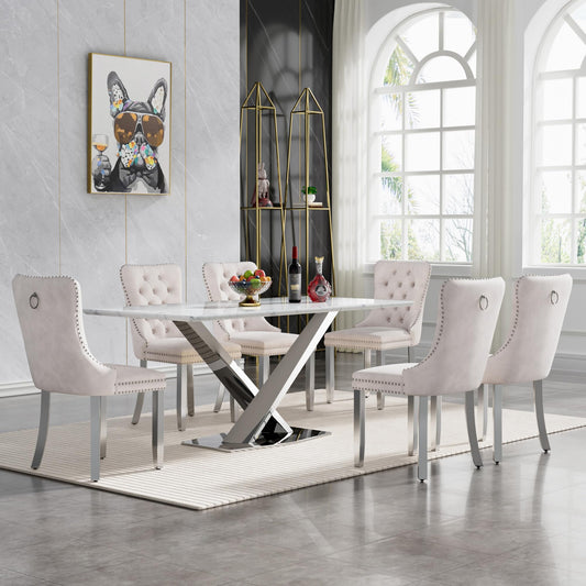 Pvillez 7 Piece Faux Marble Dining Table Set for 6, 70" White Silver Kitchen Table Set with X-Shape Stainless Steel Base, Modern Dining Room Table Set with 6 Beige Velvet Chairs for Kitchen Dining