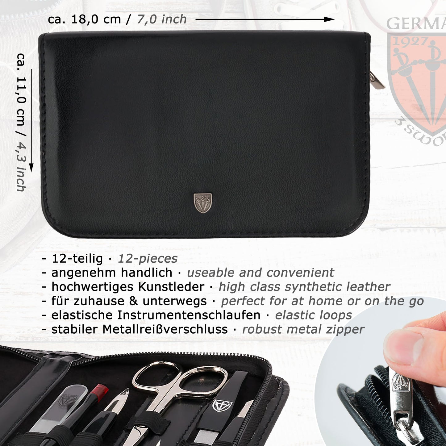 3 Swords Germany – Brand Quality 12 piece Manicure Pedicure Grooming kit Set for Professional Finger & Toe Nail Care with Black Synthetic Leather case - Made in Germany