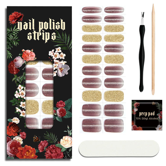 ruyeefam Nail Polish Strips (No UV Lamp Needed) - 22 Pcs Salon Quality Gel Nail Stickers - Long Lasting Wraps (Lavender Gold Foil)