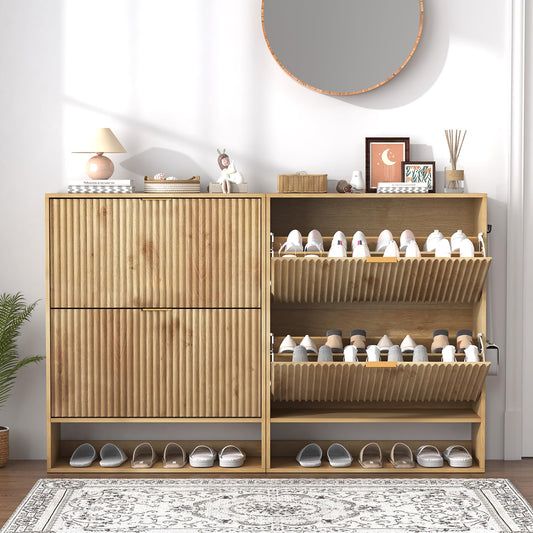 GarveeHome Set of 2 Fluted Shoe Cabinets for Entryway, Slim Freestanding Shoe Storage with Flip Drawers, Open Shelf & Side Hooks, Narrow Shoe Organizer Cabinets for Hallway or Family Entryway, Oak