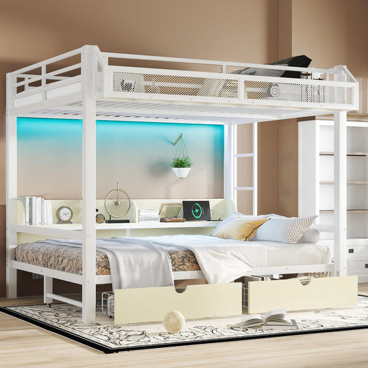 Bellemave Queen Over Queen Metal Bunk Bed with Storage Drawers and Shelves, Heavy Duty Bunk Beds with LED Lights and Charging Station for Kids,Adults,Convertible into a Sofa Bed,White