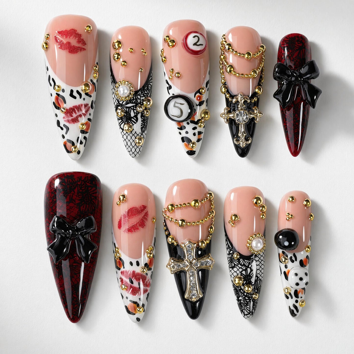 Gothic Press On Nails Long Stiletto, Handmade 3D Rhinestone Cross Pearl Charm Nails with Leopard and Lip Design, Glossy Full Cover Acrylic Reusable 10pcs Nail Set for Women Party Cosplay – Appife