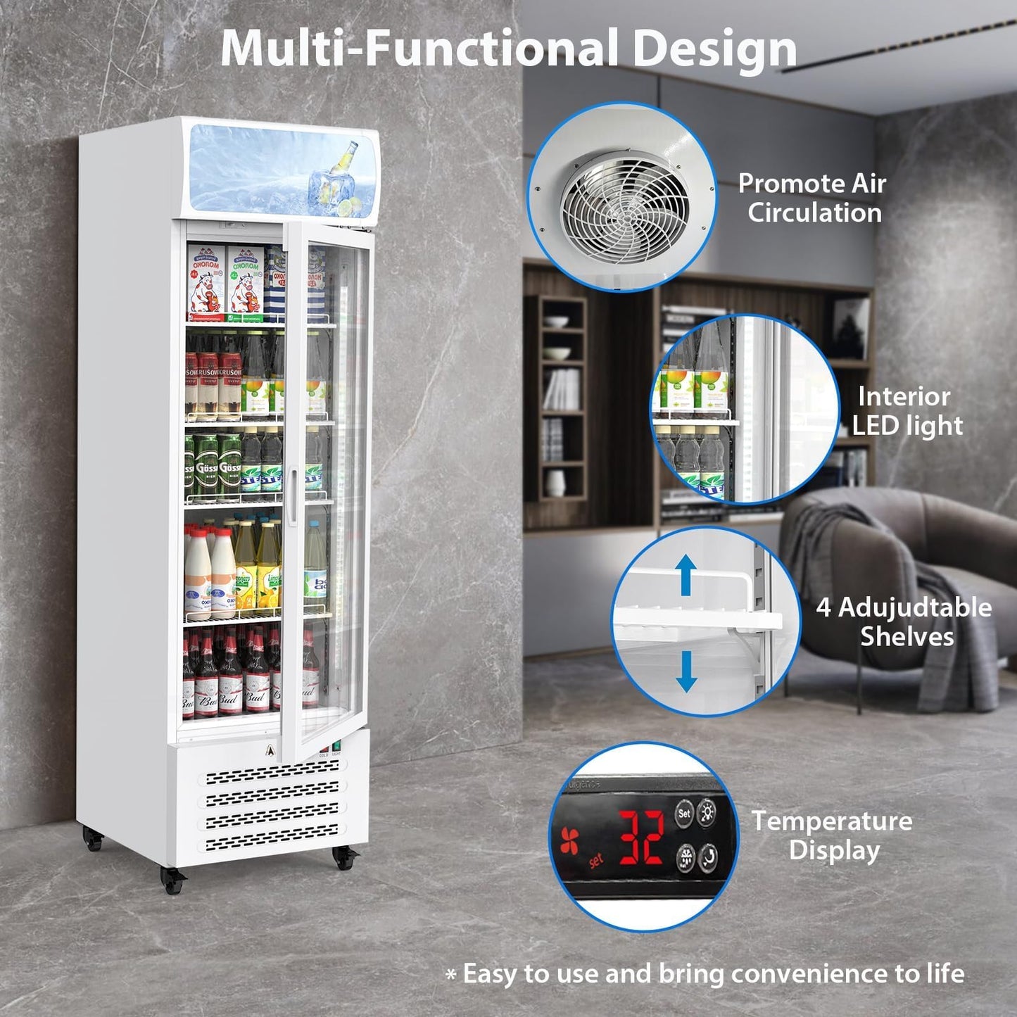 13.4 Cu.Ft Commercial Merchandiser Refrigerator, Commercial Refrigerators With Glass Door and Soft Led Light, Display Refrigerator Upright Fridge With 3 Adjustable Shelves for Shop, Restaurant, White