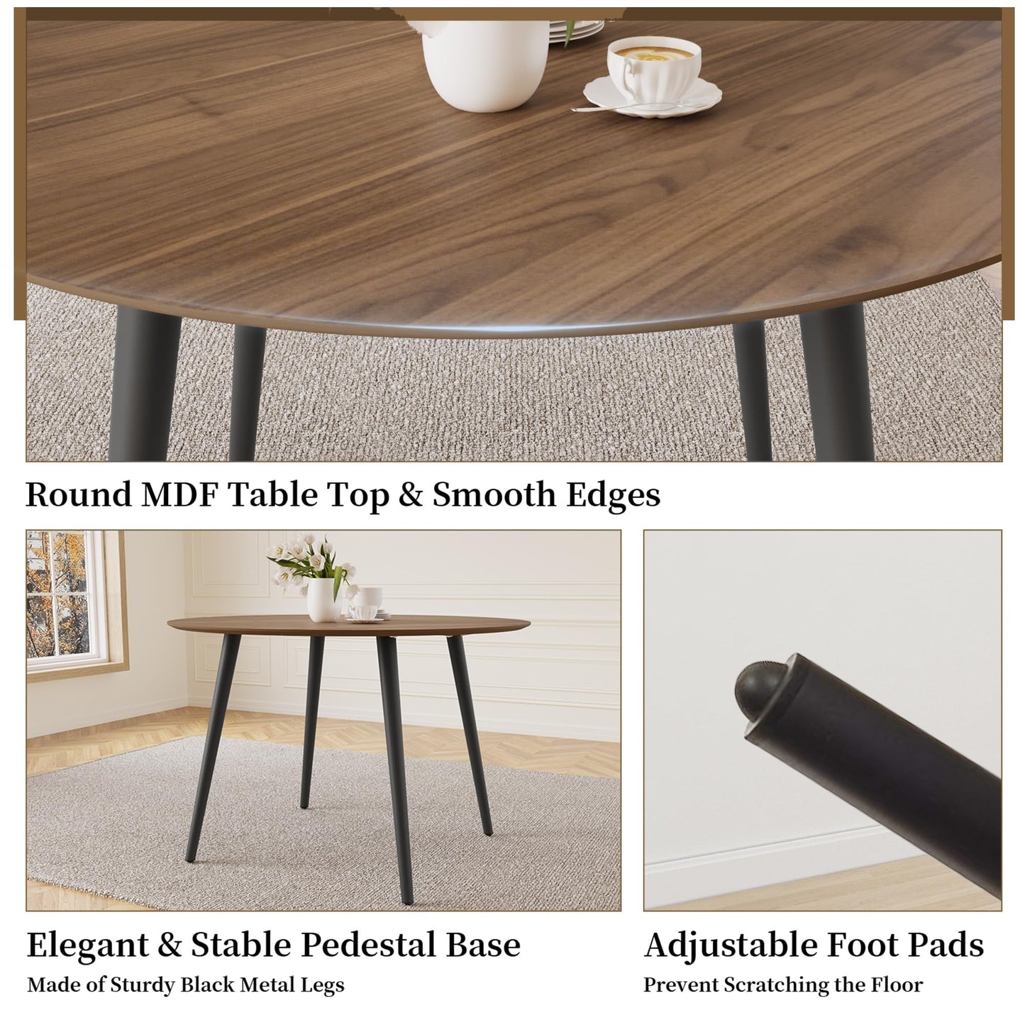 HIPIHOM 43.3 Inch Round Dining Table Set for 4, Modern Small Kitchen Coffee Set for Dining Room Kitchen Apartment (Walnut Table+4 U-Shaped Black Chairs)