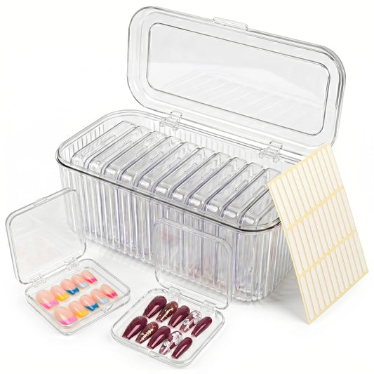 Kyvenly Press On Nail Organizer 12pcs 3.3in Nail Case And 1 Big Acrylic Storage Box For Packaging Clear Display Box Fake Nail Organizer With Double Sided Adhesive Tabs Nail Display Nail Salon