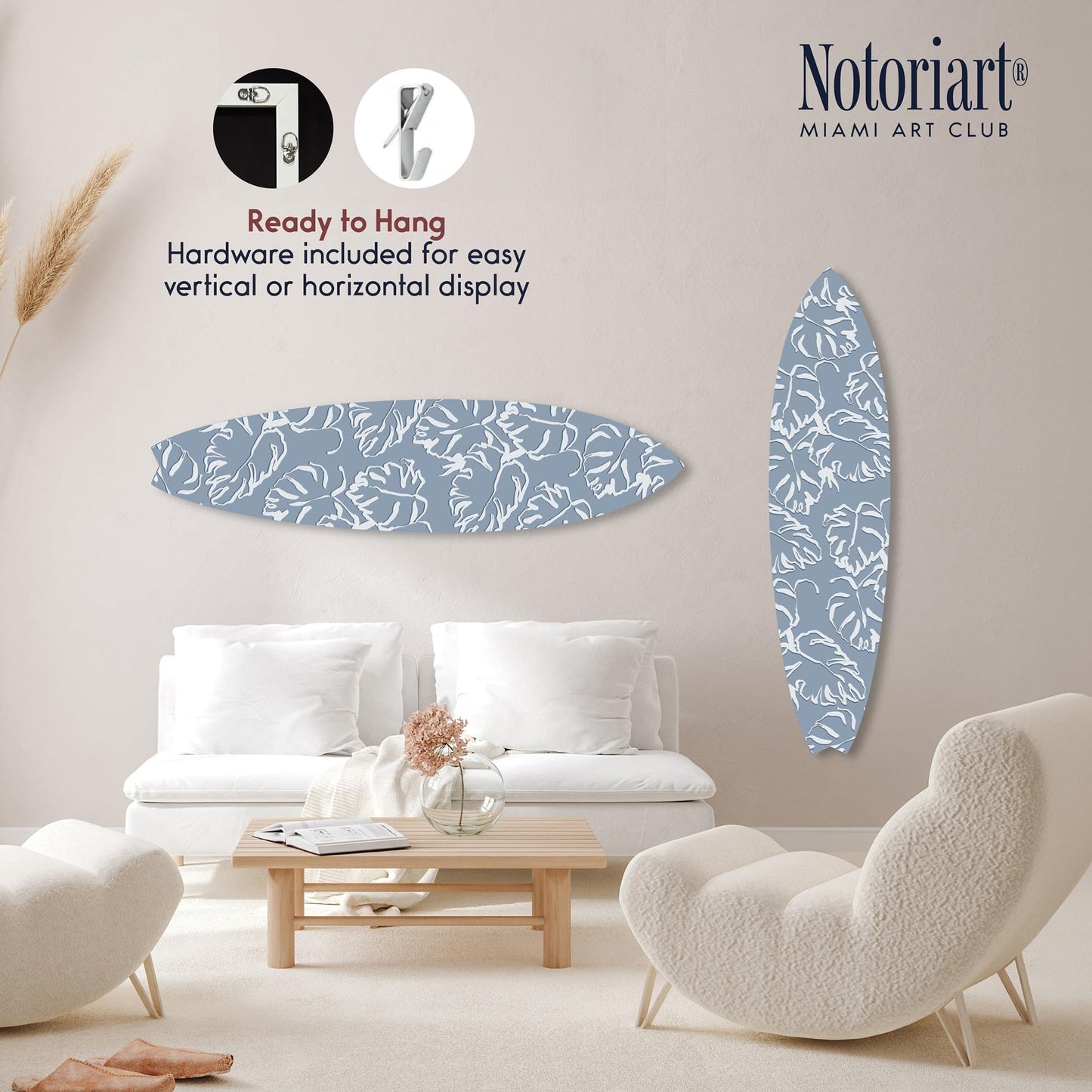 Notoriart Monstera Blue Surfboard Acrylic Wall Art Die-Cut Coastal Modern High-Gloss Home Decor, 15" x 60"